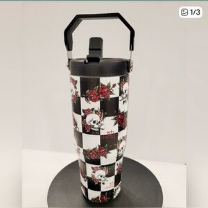 Ed Hardy Skull and Roses Checkered Tumbler with flip straw and handle! New